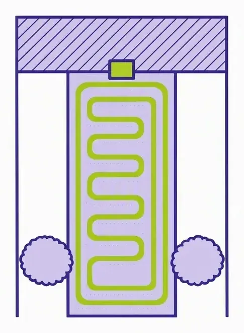 Plan d'un petit jardin de ville avec le tracé de tonte d'un robot