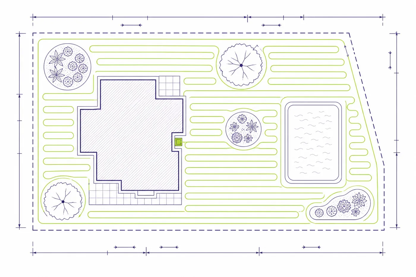 Plan d'un jardin avec le tracé de tonte d'un robot, la station de charge et les massifs contournés